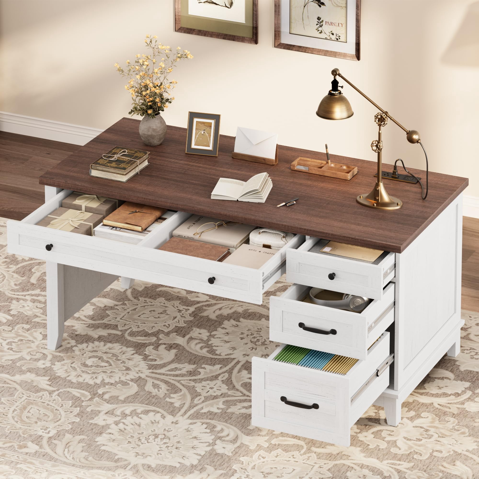 Garvee 53.5" Farmhouse Office Desk with Charging Station - Wooden Executive Computer Desk with File Drawer & USB Ports - Large Home Office Workspace-Brown&White