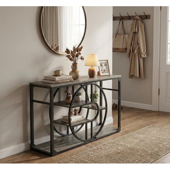 Garvee 55" Industrial Entryway Table with 5-Tier Storage, o-Shaped Metal Frame Console Table for Small Foyer/Living Room, Rustic Narrow Sofa Table with Open Shelves for Entry Hallway and Home Office