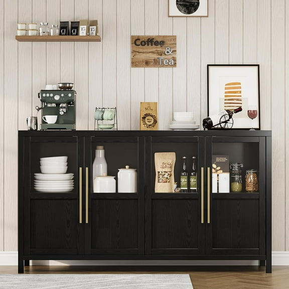 Garvee 55" Large Buffet Cabinet with 4 Glass Doors, Sideboard Buffet Cabinet with Storage, Modern Farmhouse Storage Table for Kitchen, Dining Room, Living Room, Black Finish