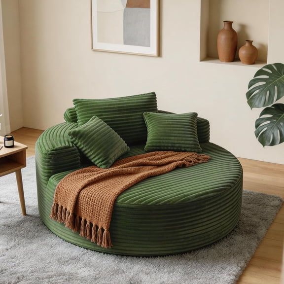 Garvee 55" Oversized Round Chaise Lounge Chair Indoor, Corduroy Cloud Circle Reading Chair with 3 Pillows & Deep Seat for Living Room Bedroom, Green