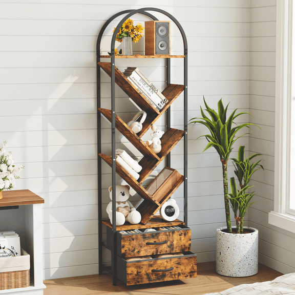 Garvee 55" Tree Bookshelf with 2 Fabric Drawers, 6-Tier Tall Narrow Bookcase for Small Spaces, Industrial Book Shelf Organizer for Bedroom Living Room, Home Office, Rustic Brown