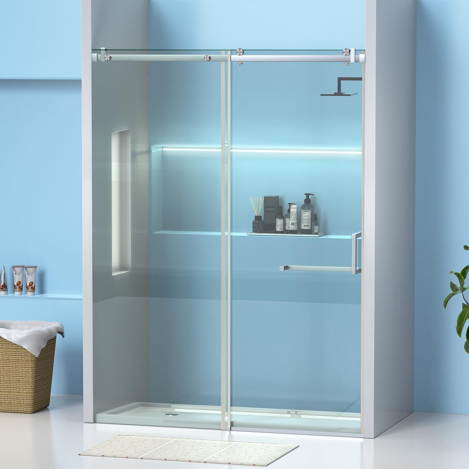 Garvee 56-60" W x 75" H Sliding Shower Door, Frameless Glass Shower Door with 5/16" (8mm) Clear Tempered Glass, Explosion-Proof Film, Pull Handle, Stainless Steel Hardware, Brush Sliver Finished