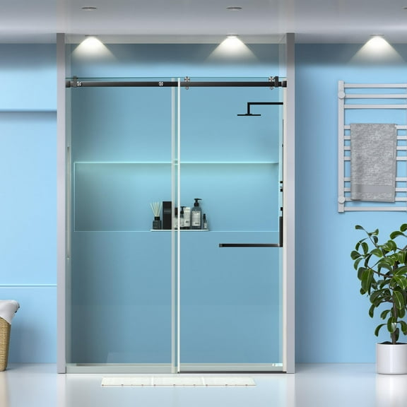Garvee 56-60" W x 75" H Sliding Shower Door, Frameless Glass Shower Door with 5/16" (8mm) Clear Tempered Glass, Explosion-Proof Film, Pull Handle, Stainless Steel Hardware, Matte Black