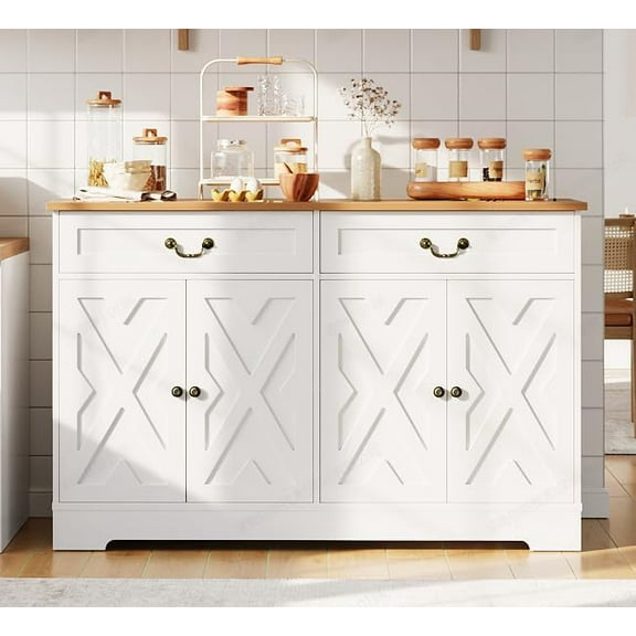 Garvee 57" Farmhouse Buffet Cabinet, White Sideboard with 4 Doors, 2 Drawers, Adjustable Shelves, Coffee Bar & Dining Room Storage, Modern Storage Console