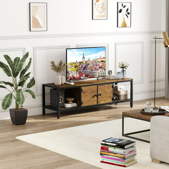 Garvee 58" TV Stand for TVs up to 65", Entertainment Center with Storage, Adjustable Legs, Rustic TV Stand with Open Shelves & 2 Doors for Living Room, Rustic Brown