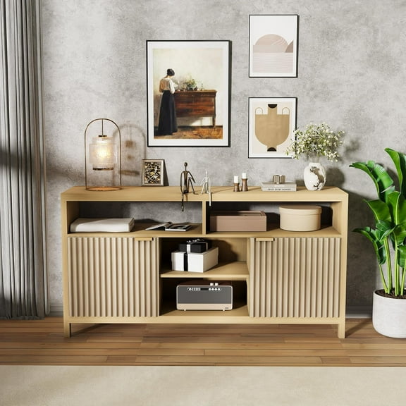 Garvee 59" Fluted TV Stand, Modern TV Console Table Entertainment Center with Adjustable Shelf, Wood TV Console for 50/55/60/65 Inch TV, Living Room Furniture