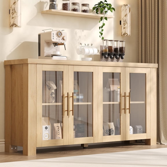 Garvee 59-Inch Buffet Cabinet with Storage, Sideboard Credenza Featuring Tempered Glass Doors, Wood Buffet Table Suitable for Living Room, Dining Room, and Kitchen