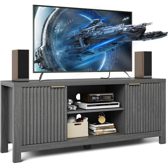 Garvee 59" TV Stand for TVs Up to 65", Mid Century Modern TV Entertainment Center with Storage Cabinets & Open Shelves, Wood TV Cabinet for Living Room