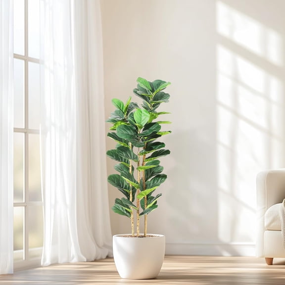 Garvee 5FT Artificial Fiddle Leaf Fig Tree with White Planter, Lifelike Faux Indoor/Outdoor Decor Plant, 56 Large Green Leaves for Home, Office, or Store