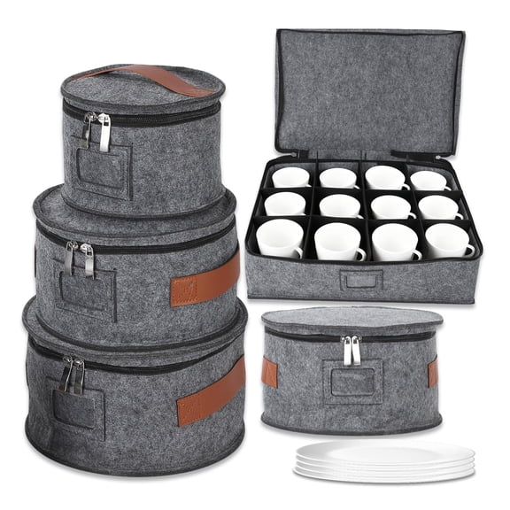 Garvee 5Pcs Storage Containers, Mug Storage Box & Dishh Plate Dinnerware Containers for Cupss Bowls, Soft Felt for Moving & Protection, Grey