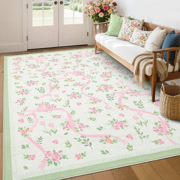 Garvee 5x7 Area Rug Modern Floral Print Rugs for Living Room, Machine Washable Rug Soft Non Slip Indoor Rug Carpet, Low Pile Ultra Thin Farmhouse Rugs for Bedroom Home Decor, Green and Pink