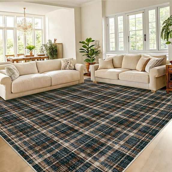 Garvee 5x7 Geometric Striped Area Rug Living Room Rug, Machine Washable Plaid Rugs With Non-Slip Backing Low Pile Stain Resistant Indoor Carpet for Bedroom Dining Room Home Office, Black Brown