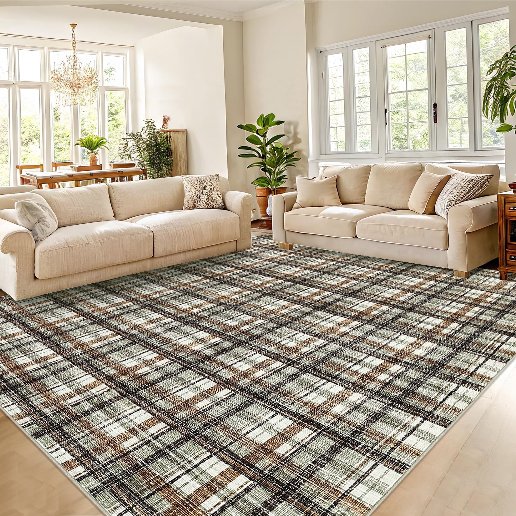 Garvee 5x7 Geometric Striped Area Rug Living Room Rug, Machine Washable Plaid Rugs With Non-Slip Backing Low Pile Stain Resistant Indoor Carpet for Bedroom Dining Room Home Office, Coffee