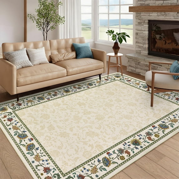 Garvee 5x7 Modern Bordered Area Rugs Floral Print Rug, Ultra-Soft Low Pile Non Slip Carpet Washable Stain Resistant Rug for Living Room Bedroom Home Office, Beige