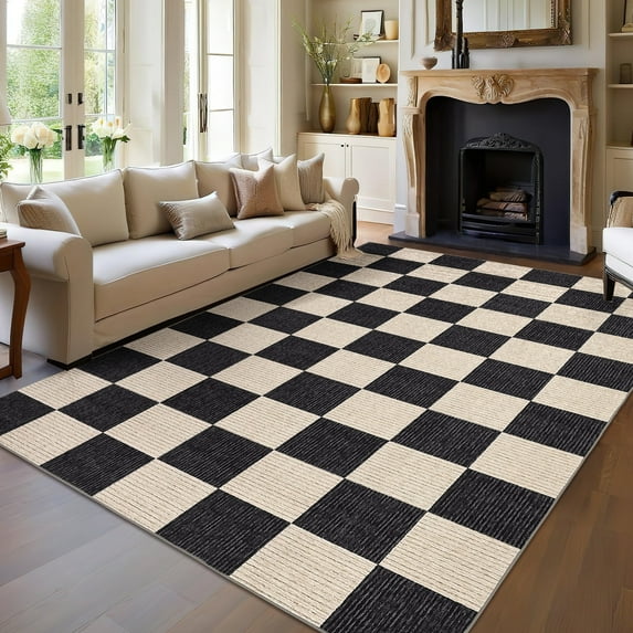 Garvee 5x7 Modern Checkered Area Rug Washable Rugs, Soft Non Slip Non Shedding Carpet Indoor Printed Accent Rug for Living Room Bedroom Home Decor,Black and Camel