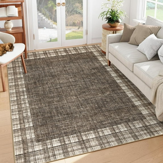 Garvee 5'x7' Plaid Area Rug, Washable Rugs Non-Slip Soft Boedered Carpet Low Pile Indoor Accent Rug for Living Room Bedroom Home Office, Brown