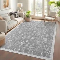 Garvee 5x7 Modern Floral Area Rugs Bedroom Rug, Washable Botanical Printed Rug Low Pile Non-Slip Foldable Indoor Rug Carpet for Living Room Farmhouse Dining Room, Light Gray