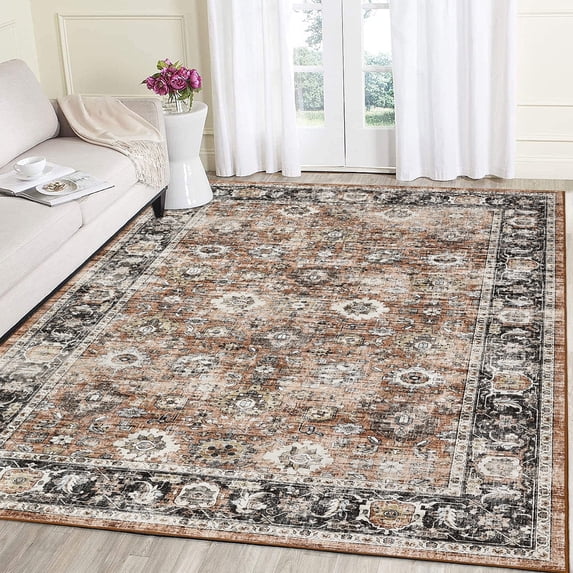 Garvee 5x7 Vintage Area Rugs Washable Rug for Living Room, Non Slip Non Shedding Soft Indoor Carpet, Retro Oriental Floral Print Rugs for Bedroom Home Office, Pink