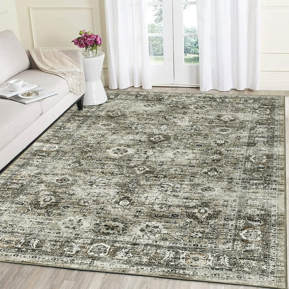 Garvee 5x7 Vintage Area Rugs Washable Rug for Living Room, Non Slip Non Shedding Soft Indoor Carpet, Retro Oriental Floral Print Rugs for Bedroom Home Office, Camel
