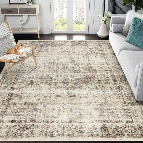 Garvee 5x7 Washable Vintage Rug Floral Print Rug Washable Floor Cover Soft Foldable Accent Rugs, Light Camel