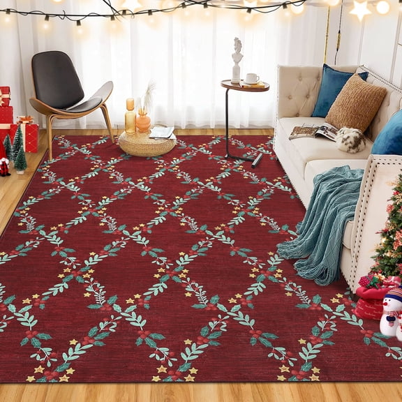 Garvee 5x7ft Christmas Area Rug Geometric Printed Carpet, Washable Xmas Decorative Rugs with Non-Slip Backing Indoor Floor Mats for Living Room Bedroom Home Decor, Red