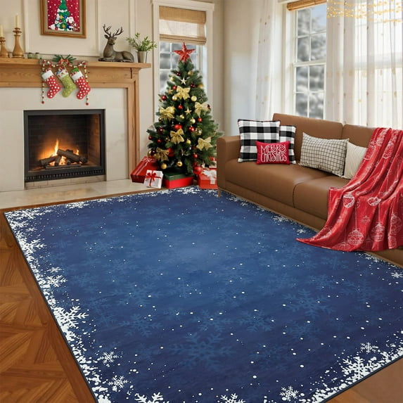 Garvee 5x7ft Christmas Area Rugs Washable Xmas Decoration Carpet, Non Slip Snowflake Winter Holiday Accent Rug for Living Room Bedroom Dining Room, Blue