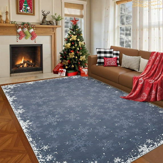 Garvee 5x7ft Christmas Area Rugs Washable Xmas Decoration Carpet, Non Slip Snowflake Winter Holiday Accent Rug for Living Room Bedroom Dining Room, Gray
