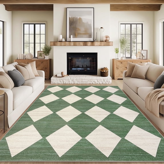Garvee 5x7ft Geometric Diamond Area Rug, Machine Washable Rug Stain Resistant Indoor Carpet With Non-Slip Backing, Soft Low Pile Rug for Living Room Bedroom Home Office, Green