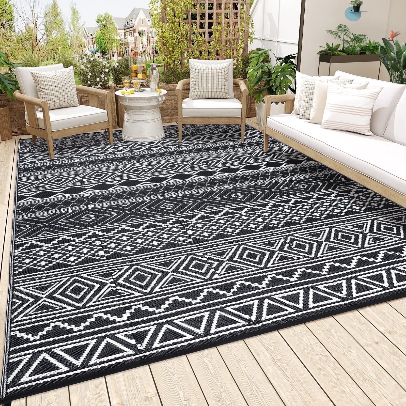 Garvee 5'x8' Plastic Outdoor Rugs, Bohemia Waterproof Straw Rug Reversible Indoor Outdoor Carpet for Patio Deck Porch Backyard Camping Picnic Beach, Black & White