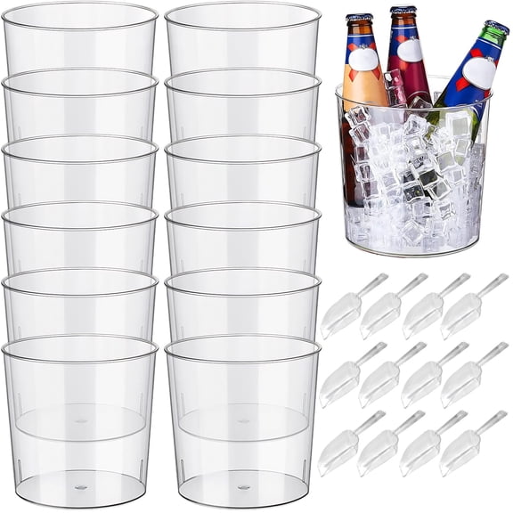 Garvee 6.5 in Clearr Plastic Ice Buckett – Multi-Purposee Wine/Beer Cooler, Snack Tub, Kettlee Cornn Bowl, Vase – Food-Grade, Durable & Stylish (12-Pack with Ice Tongs)