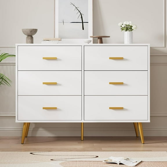 Garvee 6-Drawer Dresser, Modern Wooden Storage Organizer with Gold Handles and Deep Drawers for Bedroom, Living Room, and Entryway, White