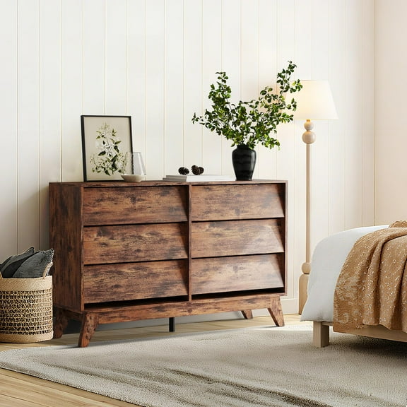 Garvee 6-Drawer Dresser for Bedroom, 47.2" Wide Mid Century Chest of Drawers, Wooden Dresser TV Stand, Vintage Dressers with Bevel Design