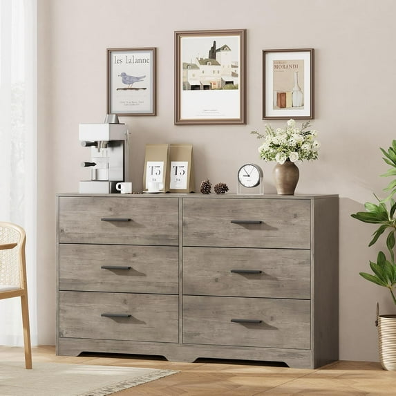 Garvee 6 Drawers Dresser, Modern Closet Dressers Chest of Drawers with Metal Handle, Wooden Dresser Organizer for Bedroom, Living Room, Hallway, Gray