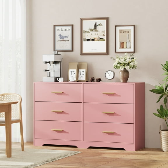 Garvee 6 Drawers Dresser, Modern Closet Dressers Chest of Drawers with Metal Handle, Wooden Dresser Organizer for Bedroom, Living Room, Hallway, Pink