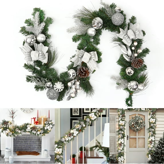 Garvee 6 Ft Pre-Lit Christmas Garland with Lights, Battery Operated Xmas Garland with 20 Lights Ball Ornaments Ribbons Bows for Mantle Table Centerpiece Indoor Outdoor Home Decor, Silver