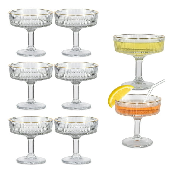 Garvee 6 Pack Martini Glasses 7 oz, Ribbed Coupe Cocktail Glass Set, Clear Vintage Crystal Martini Cups for Margaritas, Whiskey, Gin, Desserts, Bar and Party Use