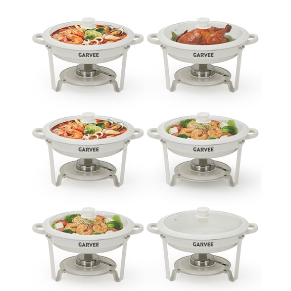 Garvee 6 Pack Round Chafing Dishes for Buffets, 5QT Maifanite-Coated White Chafing Dish Buffet Set with Glass Lids, Stainless Steel Commercial Food Warmers for Parties, Wedding, Restaurant, Catering