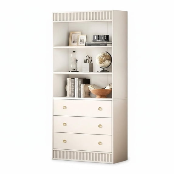 Garvee 6 Tier Bookshelf with 3 Drawers, Double Waved Design, White