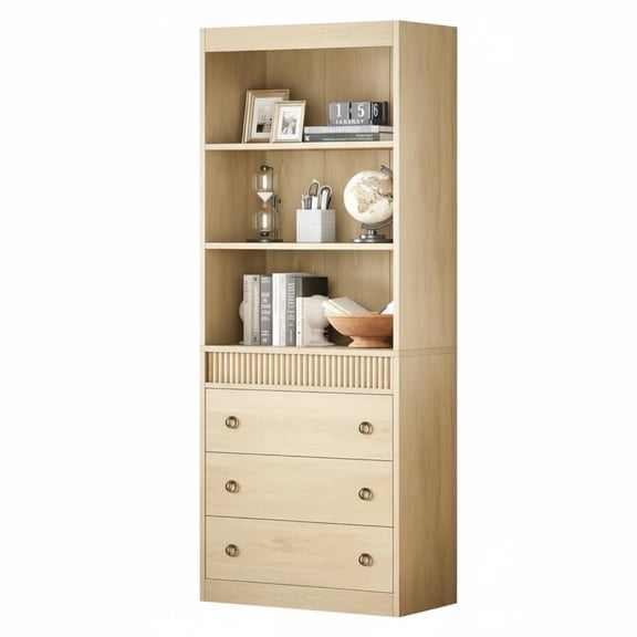 Garvee 6 Tier Bookshelf with 3 Drawers, Single Waved Design, 24.8" x 13.78" x 70.8", Oak