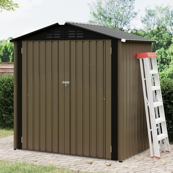 Garvee 6 x 4 ft Outdoor Garden Storage Shed,Steel Tool Storage Shed with Lockable Double Door,Brown
