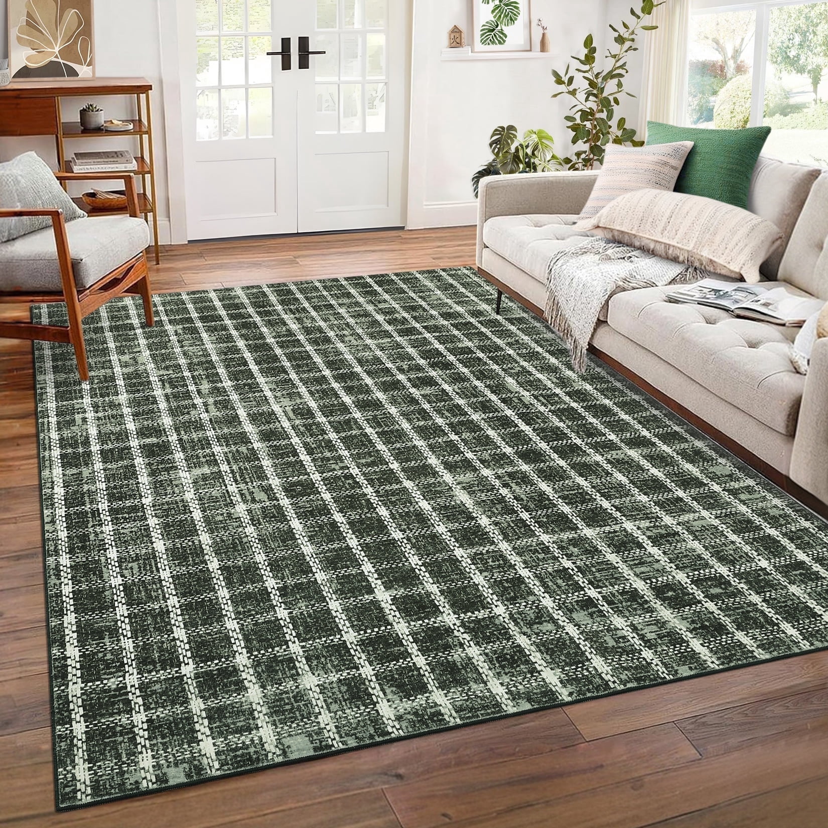 Garvee 6'x9' Area Rugs Modern Plaid Rug, Washable Geometric Rug Stain-Resistant Non Slip Indoor Rug for Living Room Dining Room Office, Green