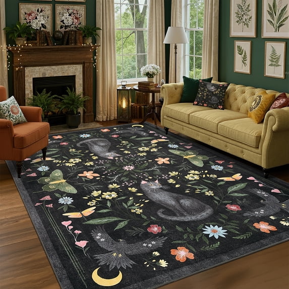 Garvee 6'x9' Boho Area Rug Cat Floral Pattern Carpet, Vintage Washable Rug Non-Slip Indoor Accent Carpet for Living Room Bedroom Home Office, Black
