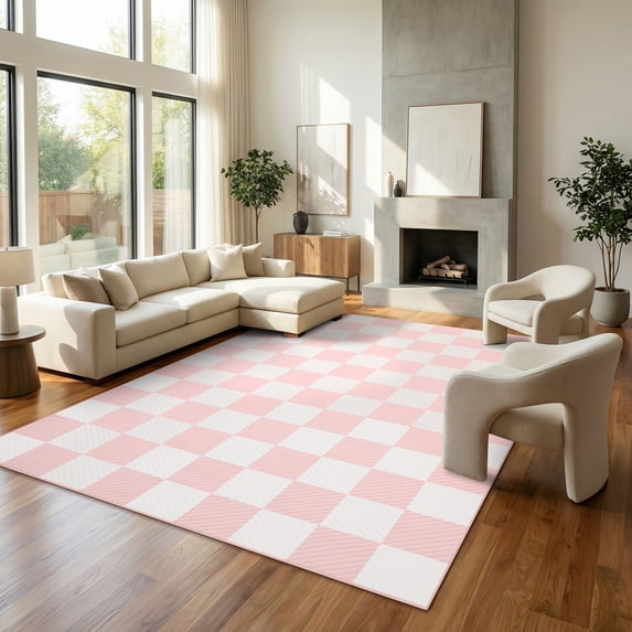 Garvee 6'x9' Checkered Area Rug Soft Plaid Carpet, Washable Non Slip Indoor Floor Mats for Living Room Bedroom Home Office, Light Pink