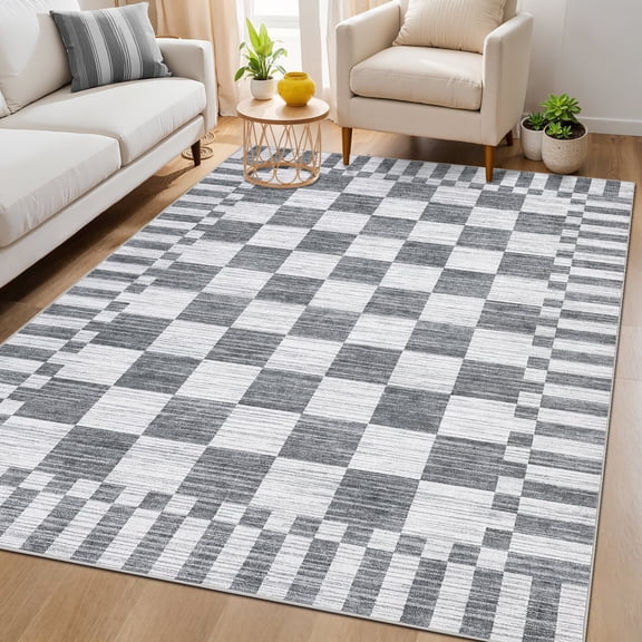 Garvee 6'x9' Checkered Area Rugs Modern Geometric Rug, Washable Non-Slip Low Pile Indoor Carpet for Living Room Bedroom Dining Room, Light Gray