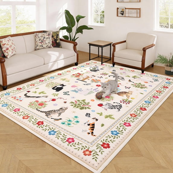Garvee 6'x9' Floral Area Rug Animal Cat Carpet, Washable Boho Rugs Non Slip Low Pile Soft Indoor Floor Mat for Living Room Bedroom Dining Room, Beige