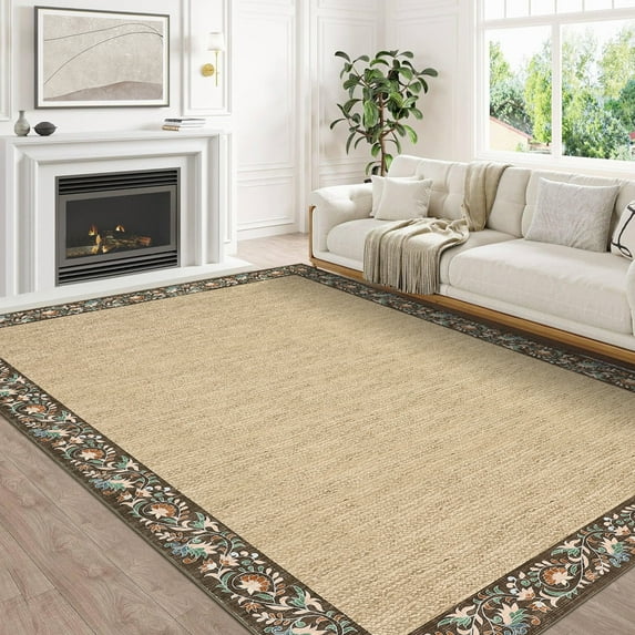 Garvee 6'x9' Floral Bordered Rug Braided Print Carpet, Washable Rug Non-Slip Stain-Resistant Low Pile Indoor Floort Mat for Living Room Bedroom Home Office, Brown