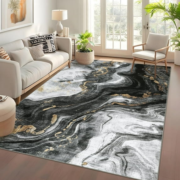 Garvee 6'x9' Modern Abstract Area Rug Washable Living Room Rug, Stain-Resistant Contemporary Soft Accent Carpet Non-Slip Low Pile Colorful Rugs for Bedroom Dining Room Home Decor, Black
