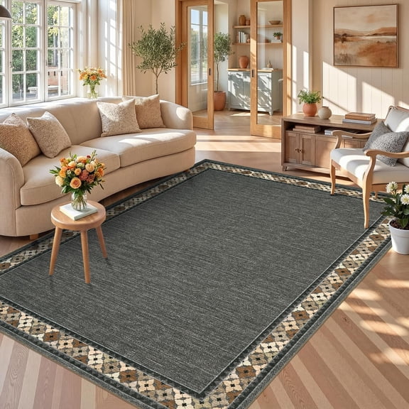 Garvee 6'x9' Modern Floral Border Area Rug Soft Tribal Edge Accent Carpet, Washable Non Slip Floor Mat for Living Room Bedroom Home Office, Brown