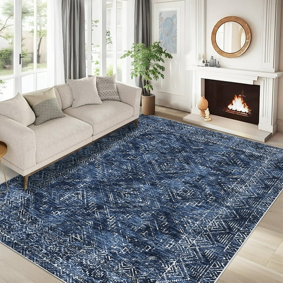 Garvee 6'x9' Modern Geometric Area Rug Washable Distressed Accent Carpet, Non Slip Rug Ultra-Soft Contemporary Indoor Floor Mat for Living Room Bedroom Home Decor, Blue