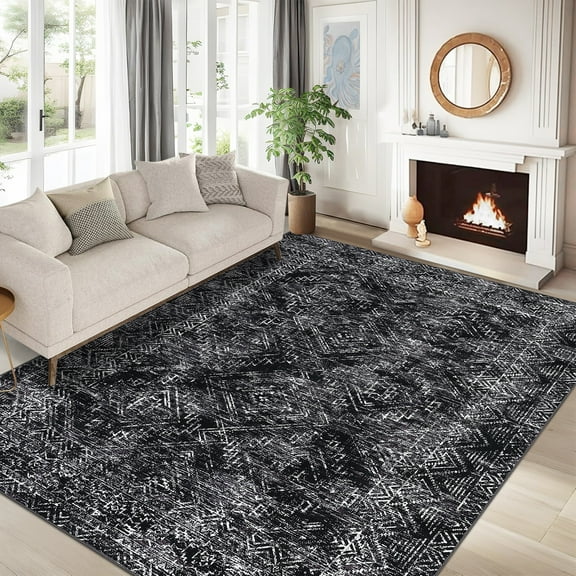Garvee 6'x9' Modern Geometric Area Rug Washable Distressed Accent Carpet, Non Slip Rug Ultra-Soft Contemporary Indoor Floor Mat for Living Room Bedroom Home Decor, Black